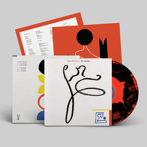 Black and Red Smash vinyl LP mockup for Death of Lovers's album 'The Acrobat', released by Dais Records.