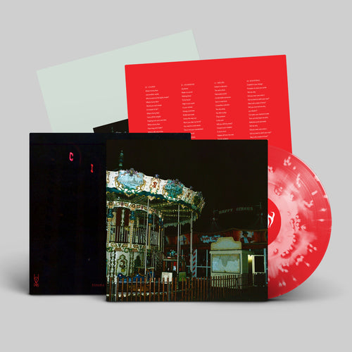 Cloudy Red vinyl LP mockup for trauma ray's EP 'Carnival', released February 2026 by Dais Records.