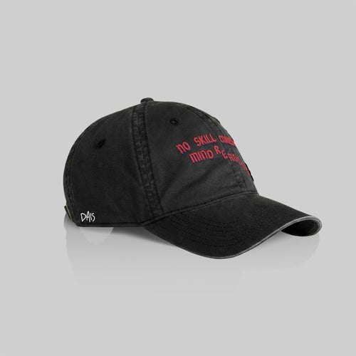 Side profile mockups of the Aaron Dilloway Hat, featuring the iconography for the album No Skill Comedy Mind Reading, and the Dais Records logo