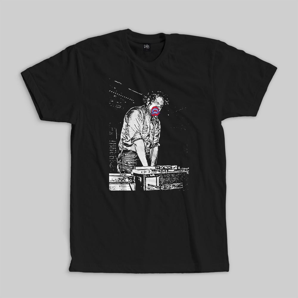 T-shirt mockup for Aaron Dilloway LIVE shirt, white, red and blue ink printed on a black t-shirt, released by Dais Records