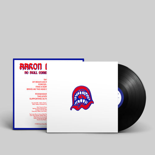 Black vinyl LP mockup for Aaron Dilloway's album 'No Skill Comedy Mind Reading', released October 2026 by Dais Records.