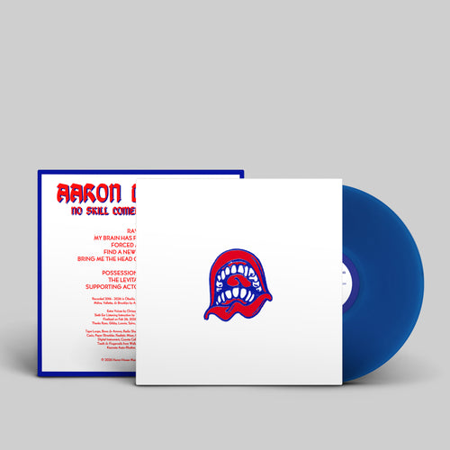 Transparent Blue vinyl LP mockup for Aaron Dilloway's album 'No Skill Comedy Mind Reading', released October 2026 by Dais Records.