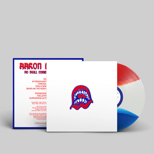 Red, White, and Blue vinyl LP mockup for Aaron Dilloway's album 'No Skill Comedy Mind Reading', released October 2026 by Dais Records.