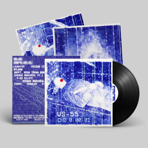 Black vinyl LP mockup for VS--55's album  'CH0 0:00:01' released November 2026 by Dais Records