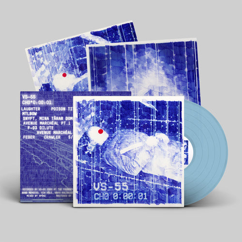 Ice Blue Transparent vinyl LP mockup for VS--55's album  'CH0 0:00:01' released November 2026 by Dais Records