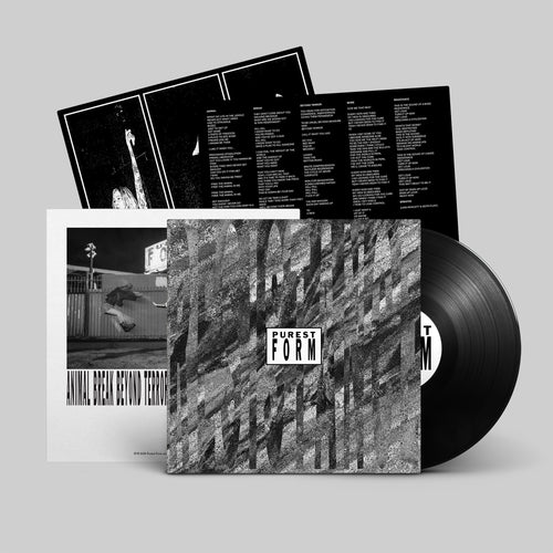 Black vinyl LP mockup for Purest Form's EP 'RESISTANCE', released September 2026 by Dais Records.